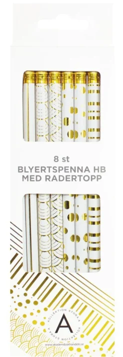 Blyertspenna med radertopp 8-pack vit/guld