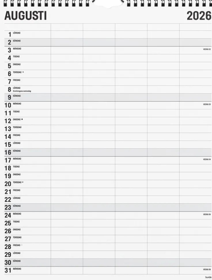Familjekalender 2026 Black and white 5 kolumner